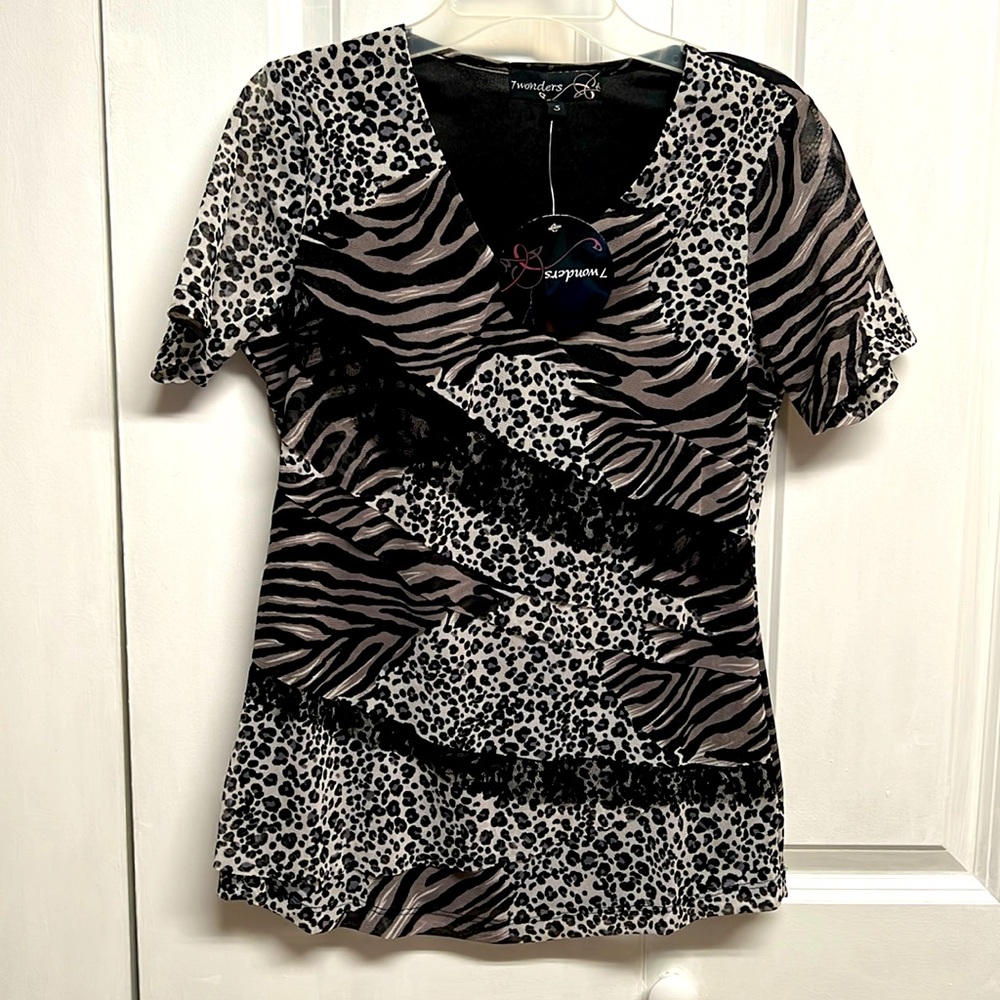 7 Wonders Collage Of Animal Print Ruffle Short Sleeve Mesh Top Size S NWT
